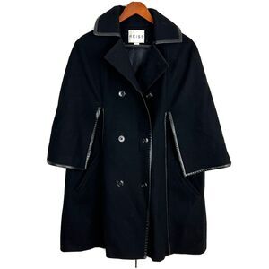 Reiss Cape Coat Women S Black 80% Wool Poncho Double‎ Breathed Faux Leather Trim